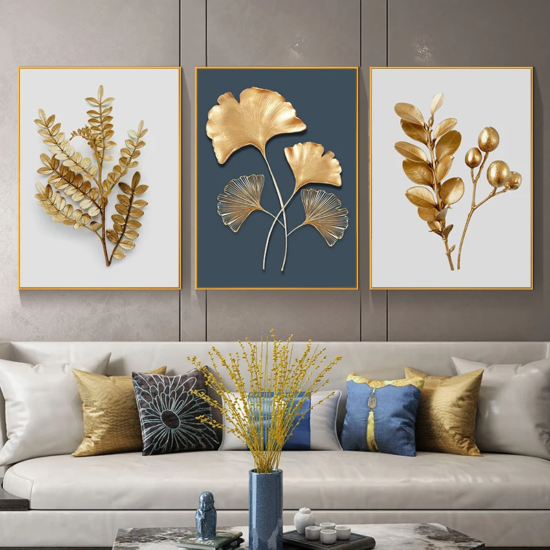 Modern Golden Feathers Canvas Art Poster Picture Wall Hangings Room Home Decor 