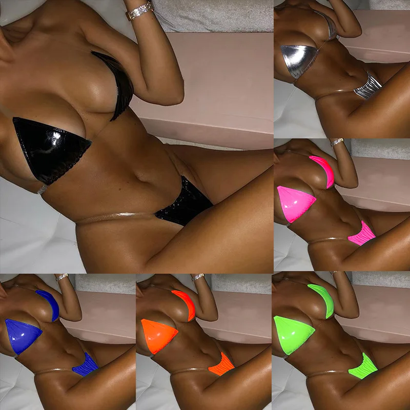 Hot Fluorescent Solid Transparent Binding Slip Straps New Triangle Bright Leather Split Swimsuit Cup Thong Bikinis Beachwear
