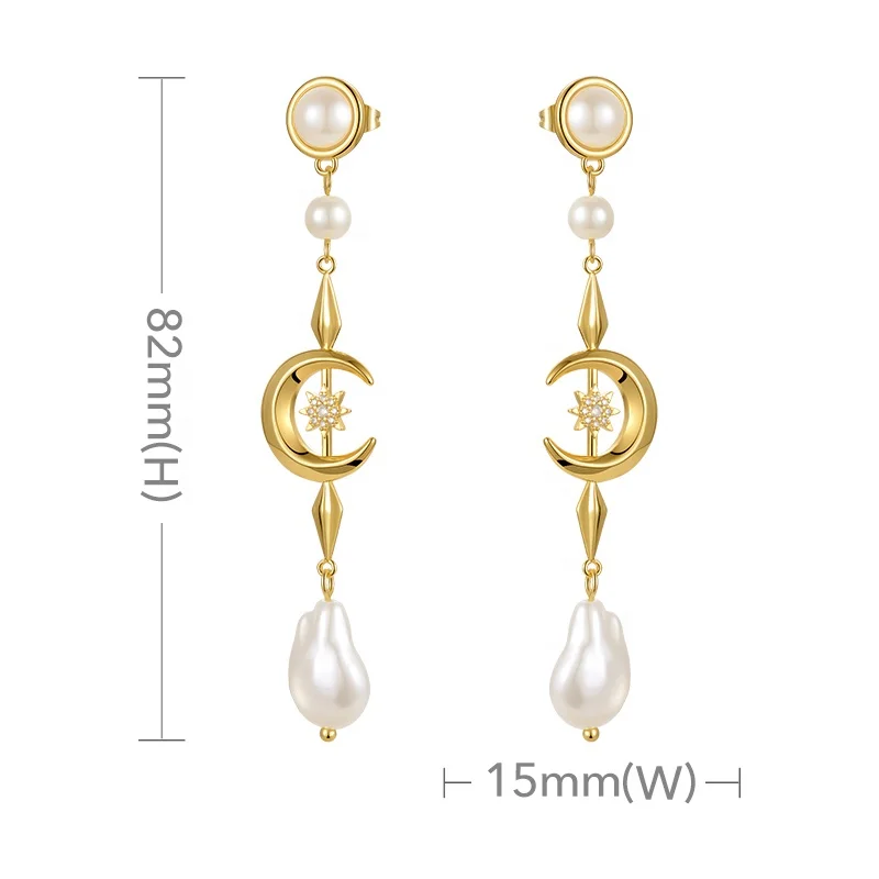 Original Design High Quality 18K Gold Plated Brass Jewelry Moon Star Zircon Pearl Accessories Drop Earrings E221372