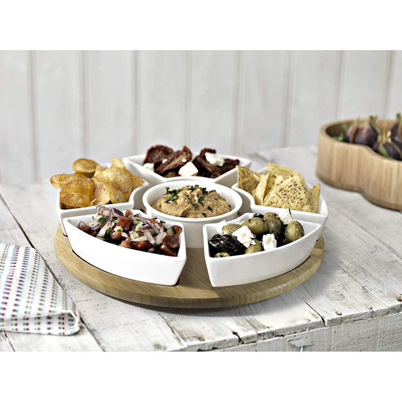 bamboo rotating dip set & ceramic dishes