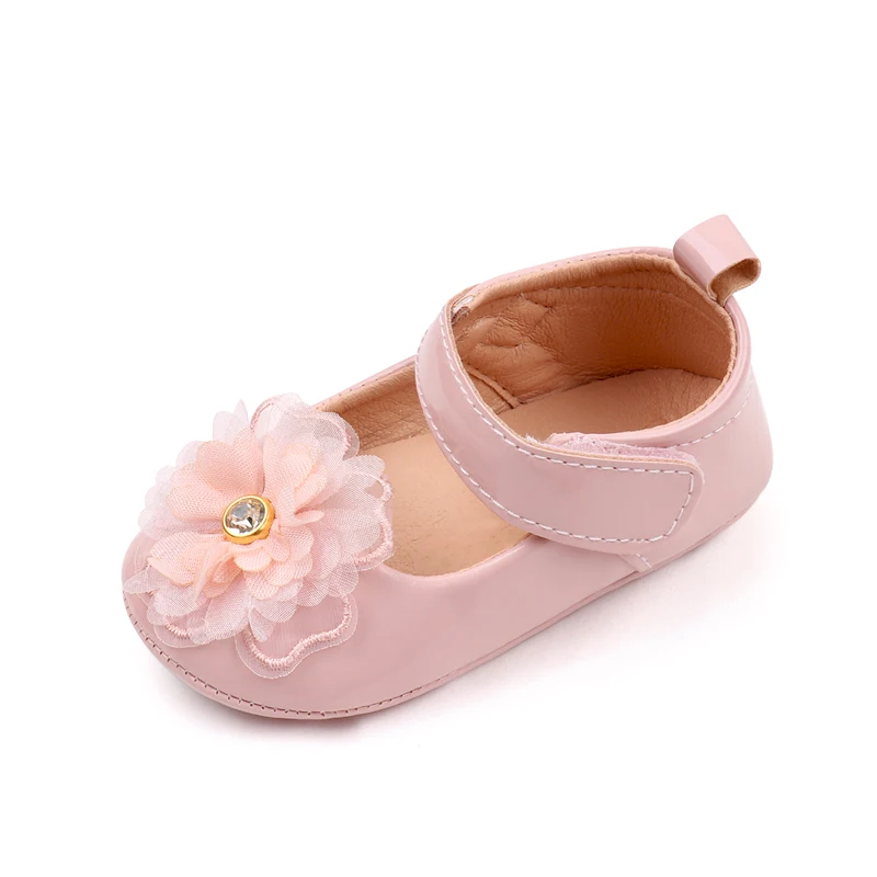 Spring and Autumn Pure Color PU Leather Veil Rhindiamonds Flower Princess Walking Shoes for Baby Girls supplier
