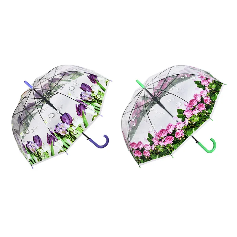 DD1226   Transparent Dome Umbrella PVC Fabric Printing Flower Umbrella Automatic Open Long Handle Umbrella