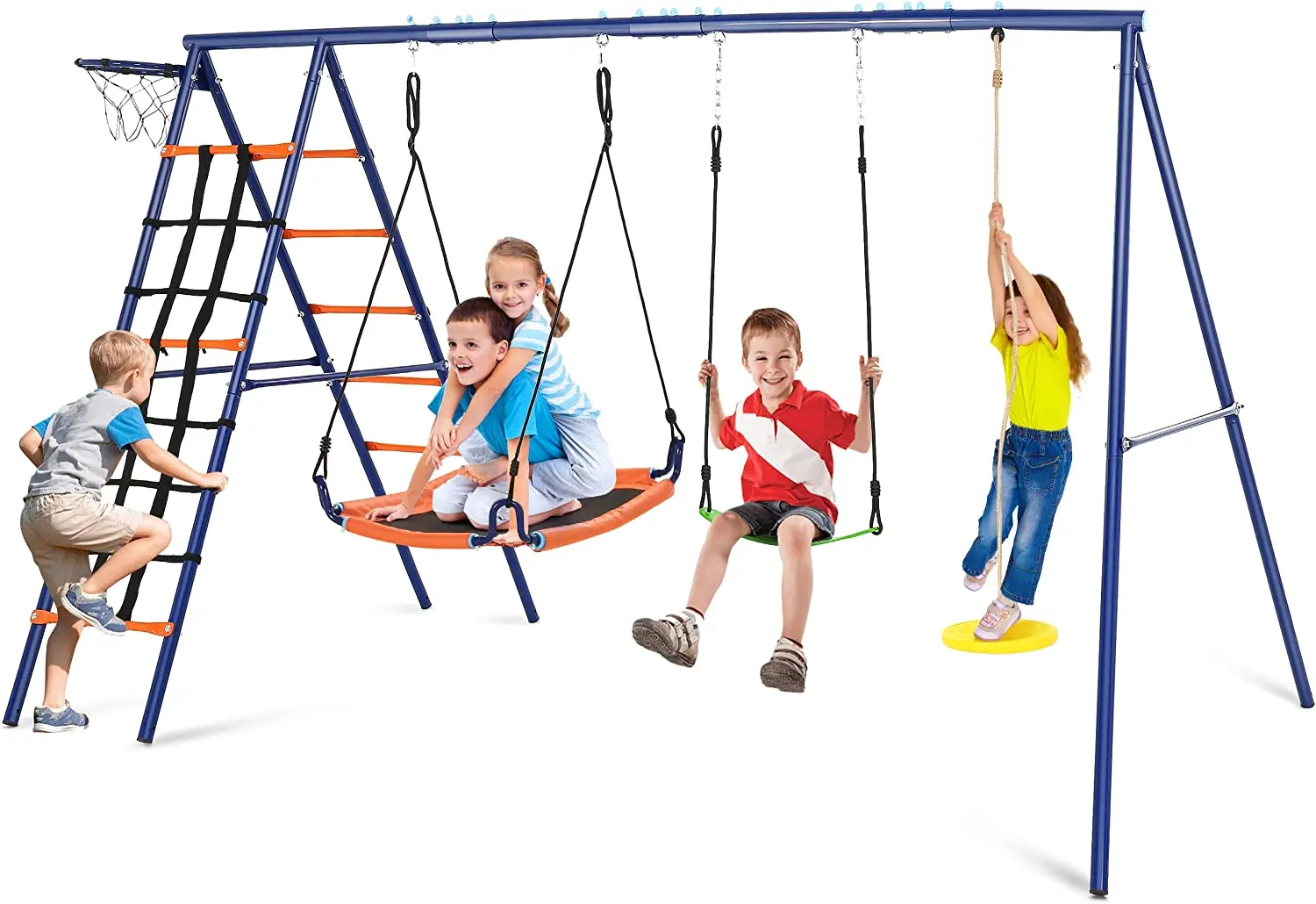 IUNNDS New Design Outdoor Metal Swing Set Kids Playground Equipment With Basketball Hoop,Children Climb Rope Ladder