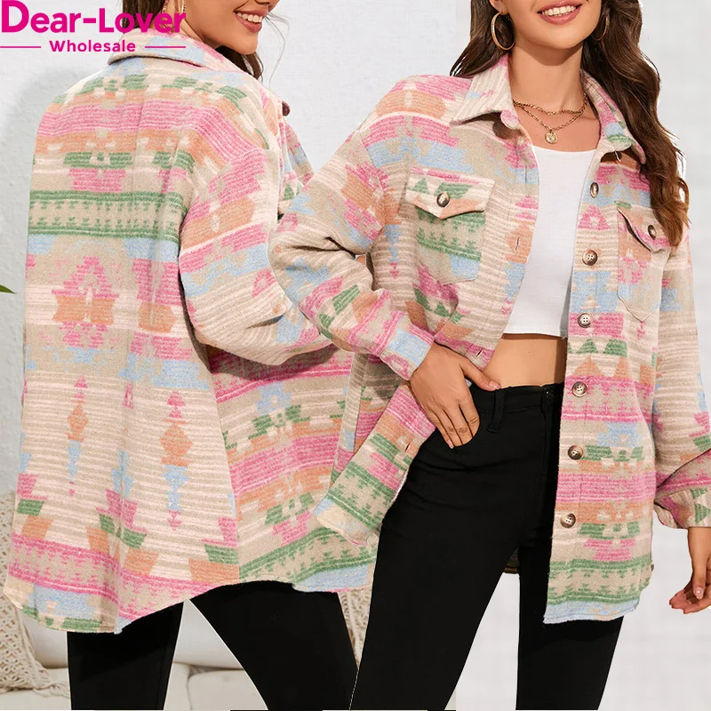 Dear-Lover Fall Winter Coat Women Western Trending Multicolor Print Button Flap Pocket Shackets Jacket For Women