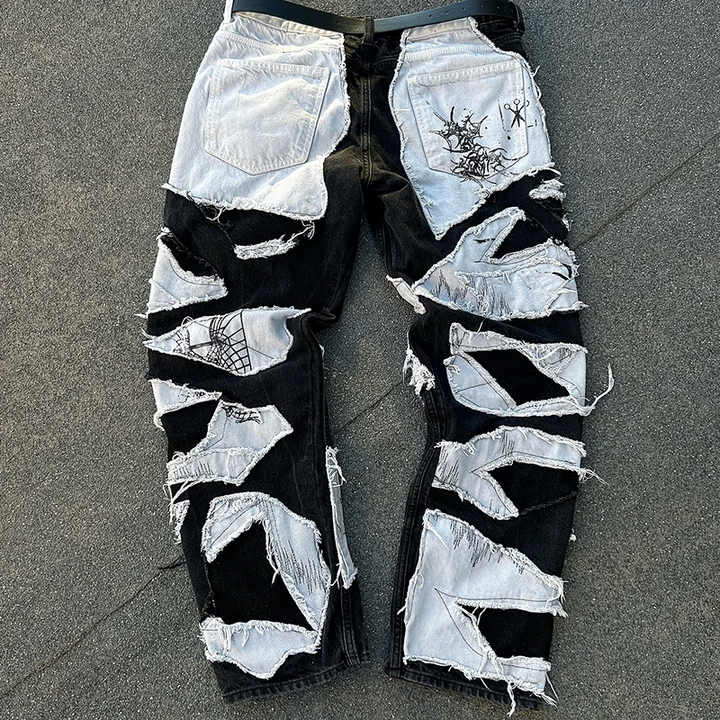 Custom Vintage Streetwear Jeans with 3D Print and Distressed Patch Slim Fit Hip Hop Denim Pants