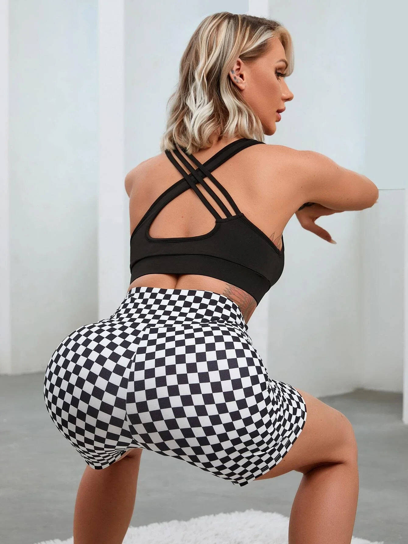 Customization New Popular Checked Printed Grid High Waist Workout Gym Shorts High Elastic Wholesale Stretchy Yoga leggings