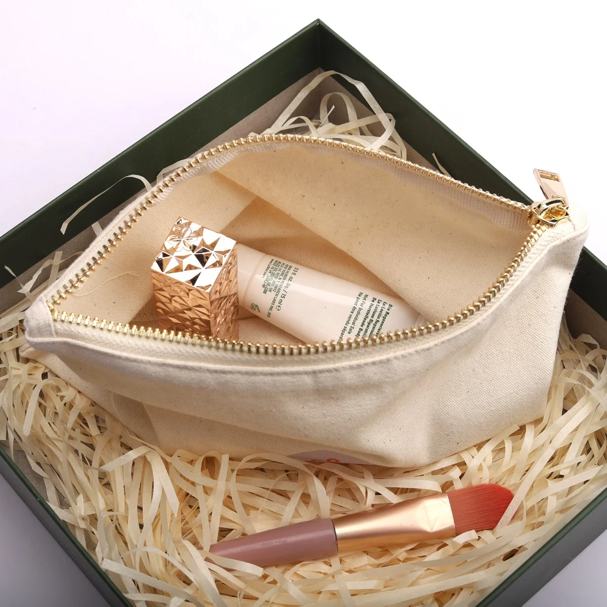 Eco- Friendly 8Oz Canvas Zipper Cosmetic Brush Storage Bag Reusable  Plain Natural Cotton Makeup Pouch With Logo