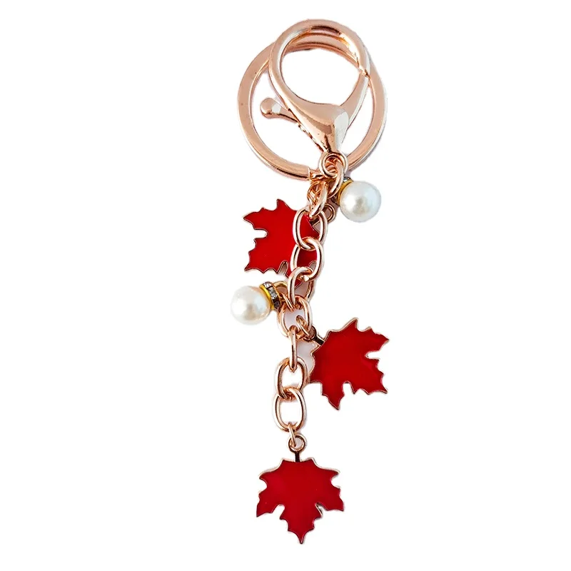 In Stock New Design Gold Plated Maple Leaf Shape Pearl Pendant Enamel Plant Metal Keychains