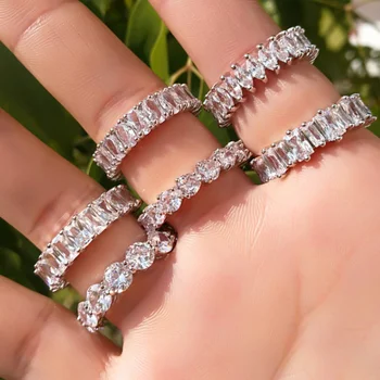 Custom Jewellery Design Shiny Cubic Zirconia Eternity Band 925 Sterling Silver 18K White Gold Engagemen Diamond Ring For Women