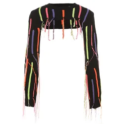 Multicolor Striped Tassels Knitted Crop Tops Women High Street O-Neck Full Sleeve Sweater