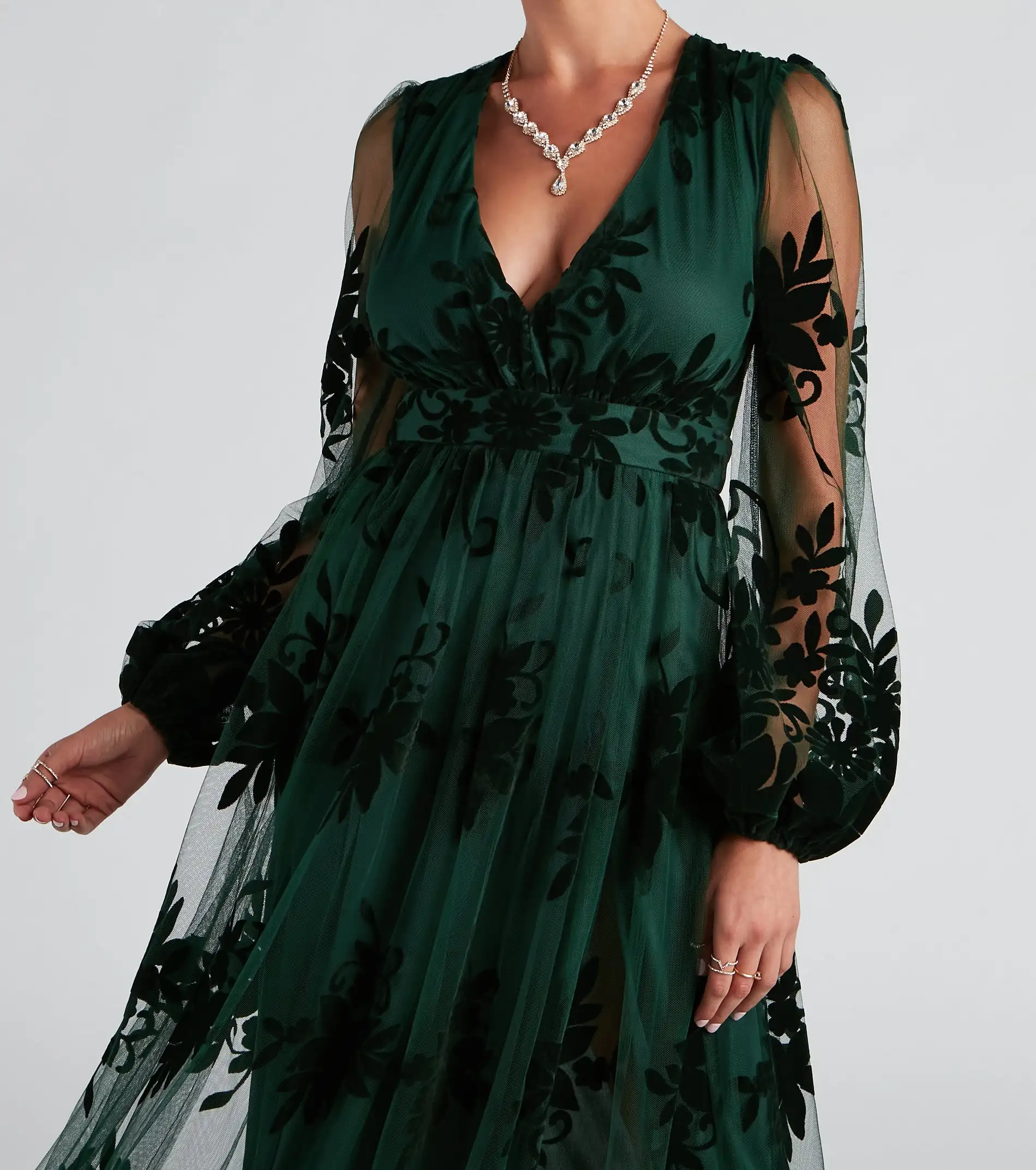 Plunge v-neck A-line silhouette floor-length Floral flocked velvet tulle knit lining with dual slits Dress