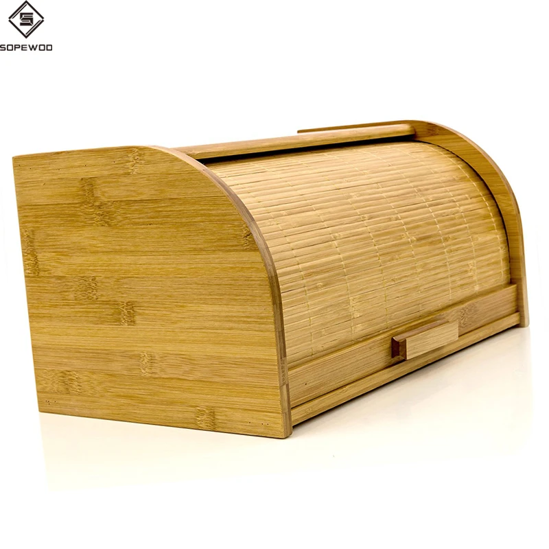 SOPEWOD Bamboo Bread Box Bamboo Bread Bin with Rolling Lid and Handle