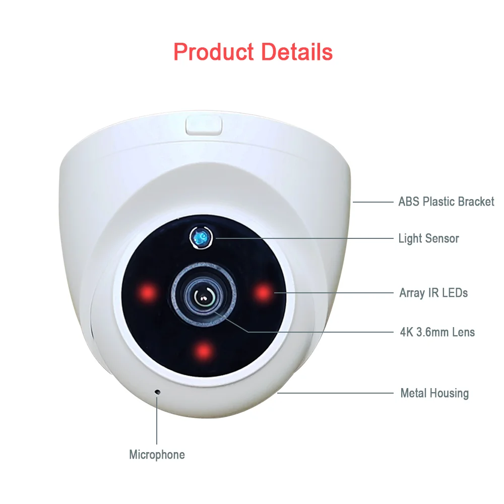 8mp 4k Ultra Hd Ip Dome Security Camera Support Audio Recording Ip66 H