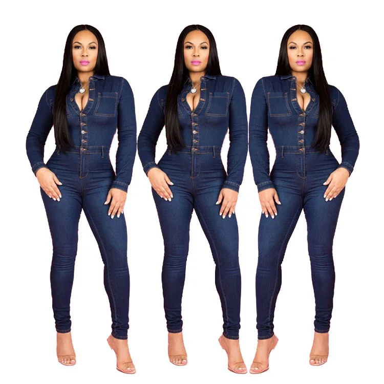 D96169 woman clothes 2021 trending hot selling fashion  long sleeves jeans one piece jumpsuits