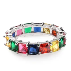 Casual Style Gold filled fashion rainbow bar eternity band rings square baguette cz engagement ring for women colorful jewelry