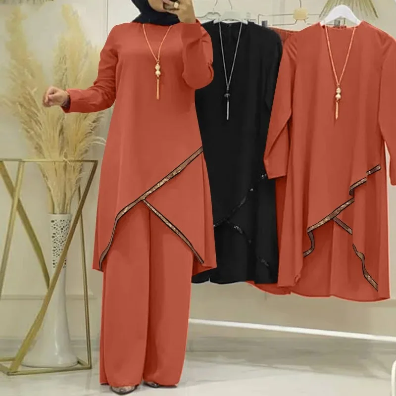 Wholesale Women's Islamic Clothing Set-O-Neck Top Trouser Solid Pattern Casual Style Arab Muslim Abaya for Summer 2 Pieces supplier