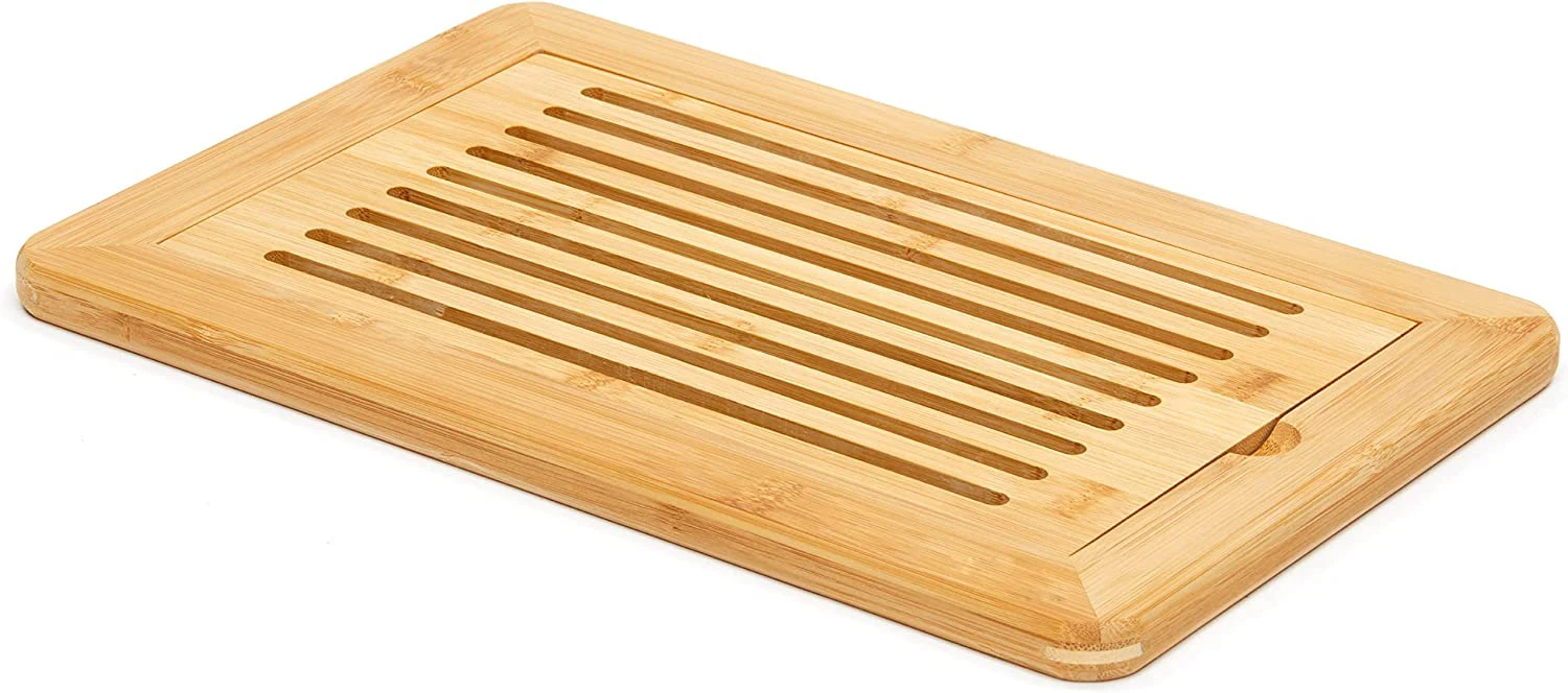 product large premium natural bamboo bread cutting board with crumb tray bread serving tray for kitchen-3