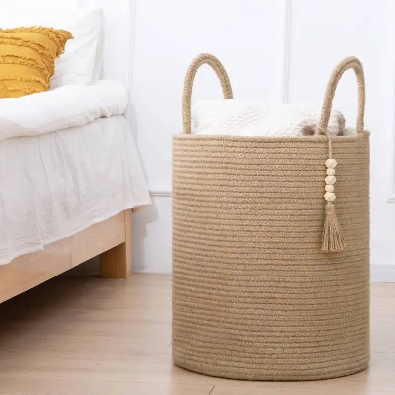 Round Tall Woven cotton rope Laundry Basket cotton rope basket woven laundry Decorative Blanket Basket for Living Room