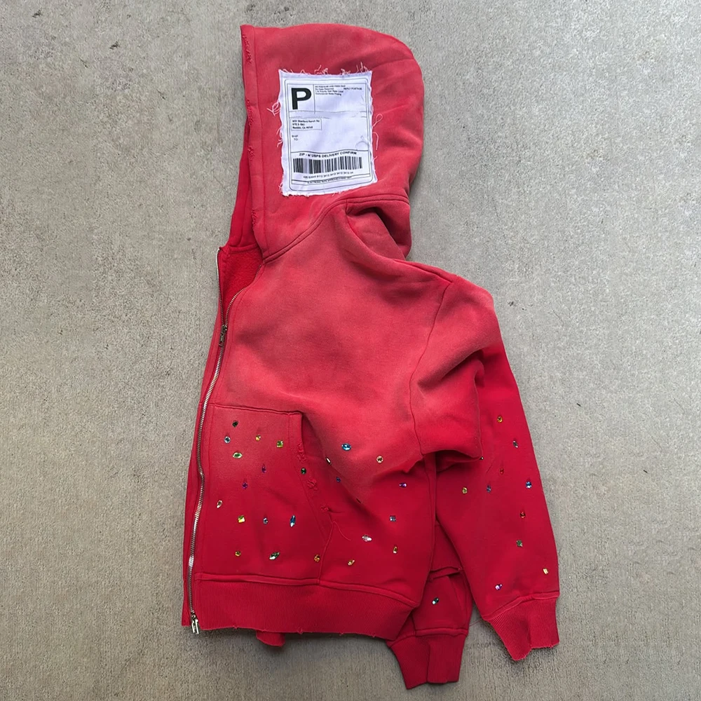 Clothing Manufacturers Custom Streetwear Patch Embroidery Stone Acid Wash Distressed Rhinestone Hoodie Jacket Men supplier