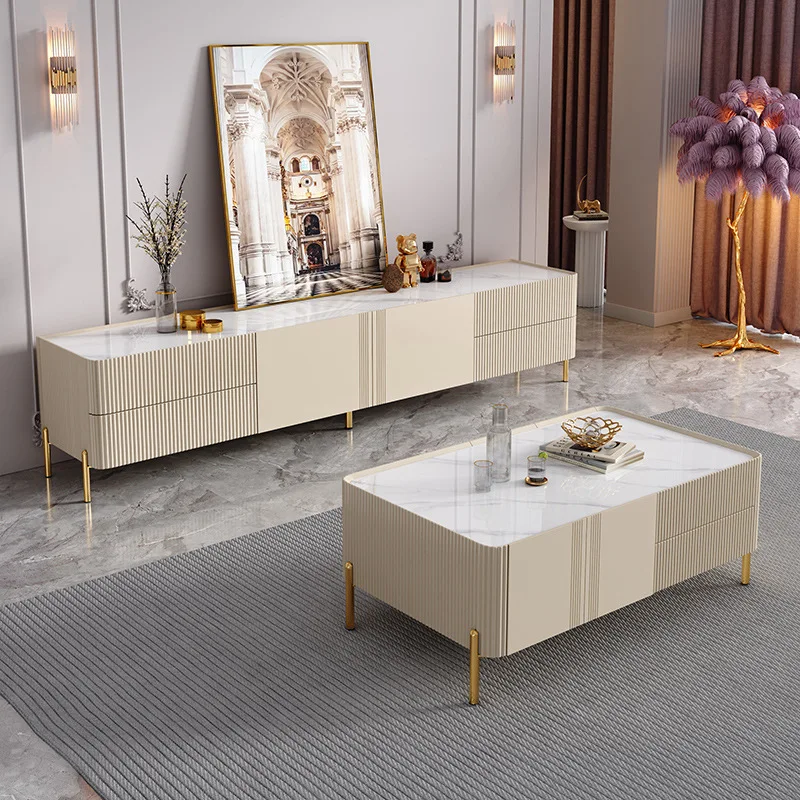 Living Room Furniture Luxury Coffee Table Set TV Cabinet Rock Slab Stone Coffee Table white Wooden Frame TV Stand Center Table