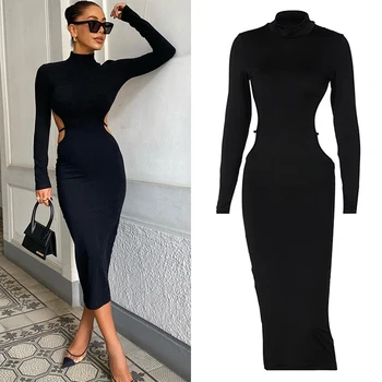 Spring 2022 Women Clothes Turtleneck Hollow Out Robes Femmes Sexy Backless Sexy Long Sleeve Black Midi Woman Fall Dress