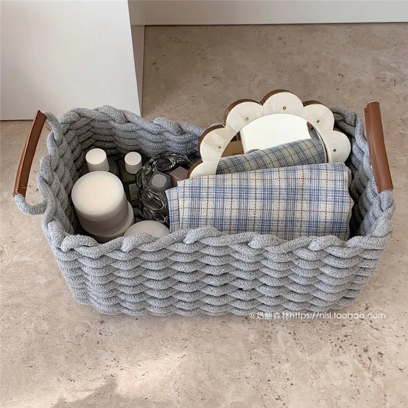 HUAYI  Woven Cotton Rope  Basket with Handles Decorative Small Storage Basket