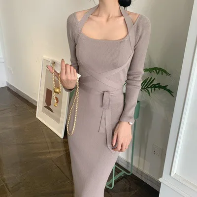 Wholesale Temperament Slim Long Sweater Dress Sexy Off-The-Shoulder Knit warm Casual Dresses
