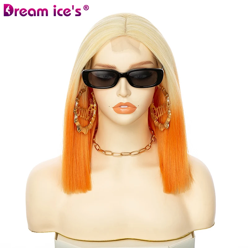 Dream Ice's Natural Straight Front Lace Wig Fashion Ombre Light Blonde Orange Synthetic Bob Hair Wigs Cosplay Lace Frontal Wigs