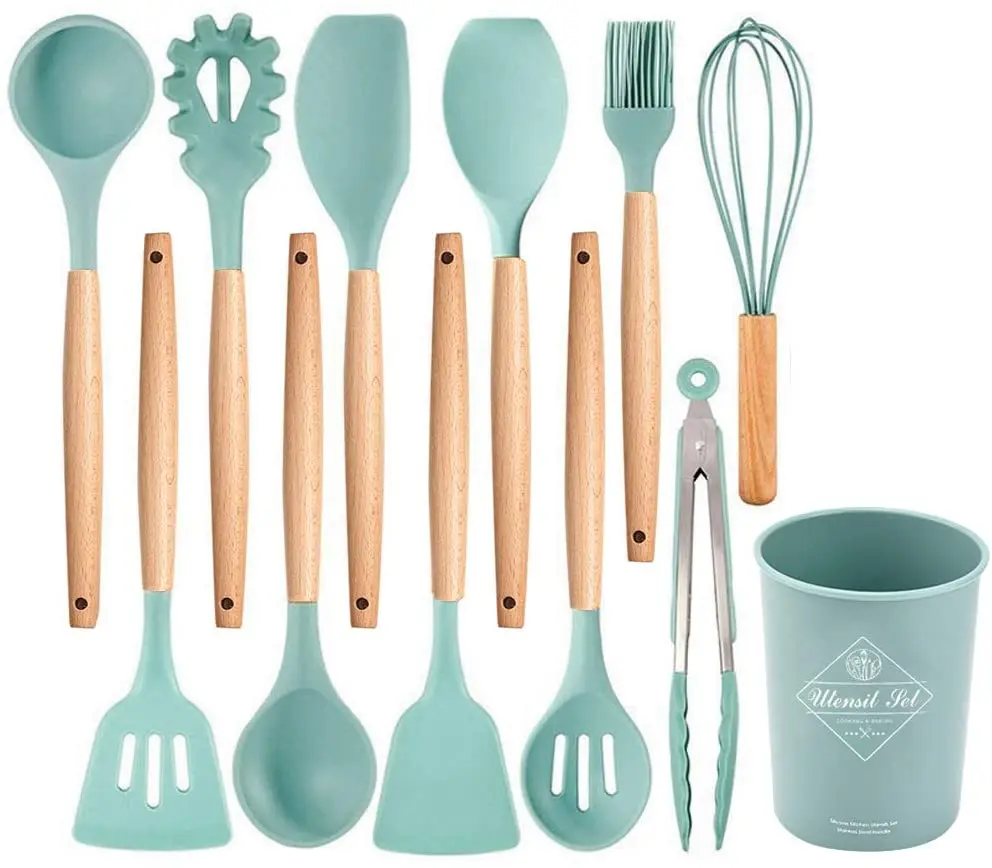 Kitchen Utensil Set, Silicone Cooking Utensils 12 Pcs Kitchen Tools with Natural Wooden Handles for Home Household