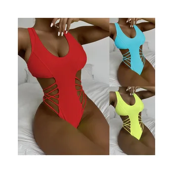 Y1288 Women 2021 Hot Sale Bandage Solid Swimsuit Summer Beachwear Hollow Out Brazilian Bikini Swimwear Bathing Suit
