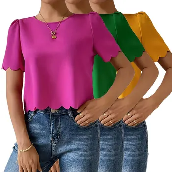 Solid Scallop Trim Beaded Summer Women Blouses Casual Elegant Back Keyhole Crew Neck Short Sleeve Crop Tops