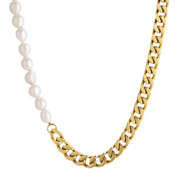 18K Gold Stainless Steel Cuban Chain Fresh Water Oyster Pearl Fine Jewelry Men Women Dainty Natural Freshwater Pearl Necklace