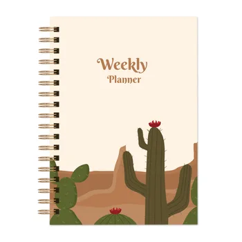 LABON Weekly Plan Notebook Schedule Hard Leather Cactus Custom Notepad A5 Spiral Notebook With Elastic Band