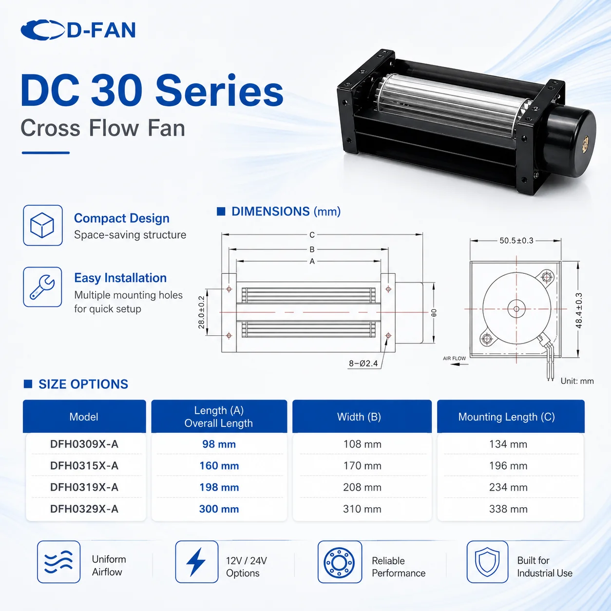 Cross Flow Fan, 12v, 24v, 300mm, Tangential - detail 8