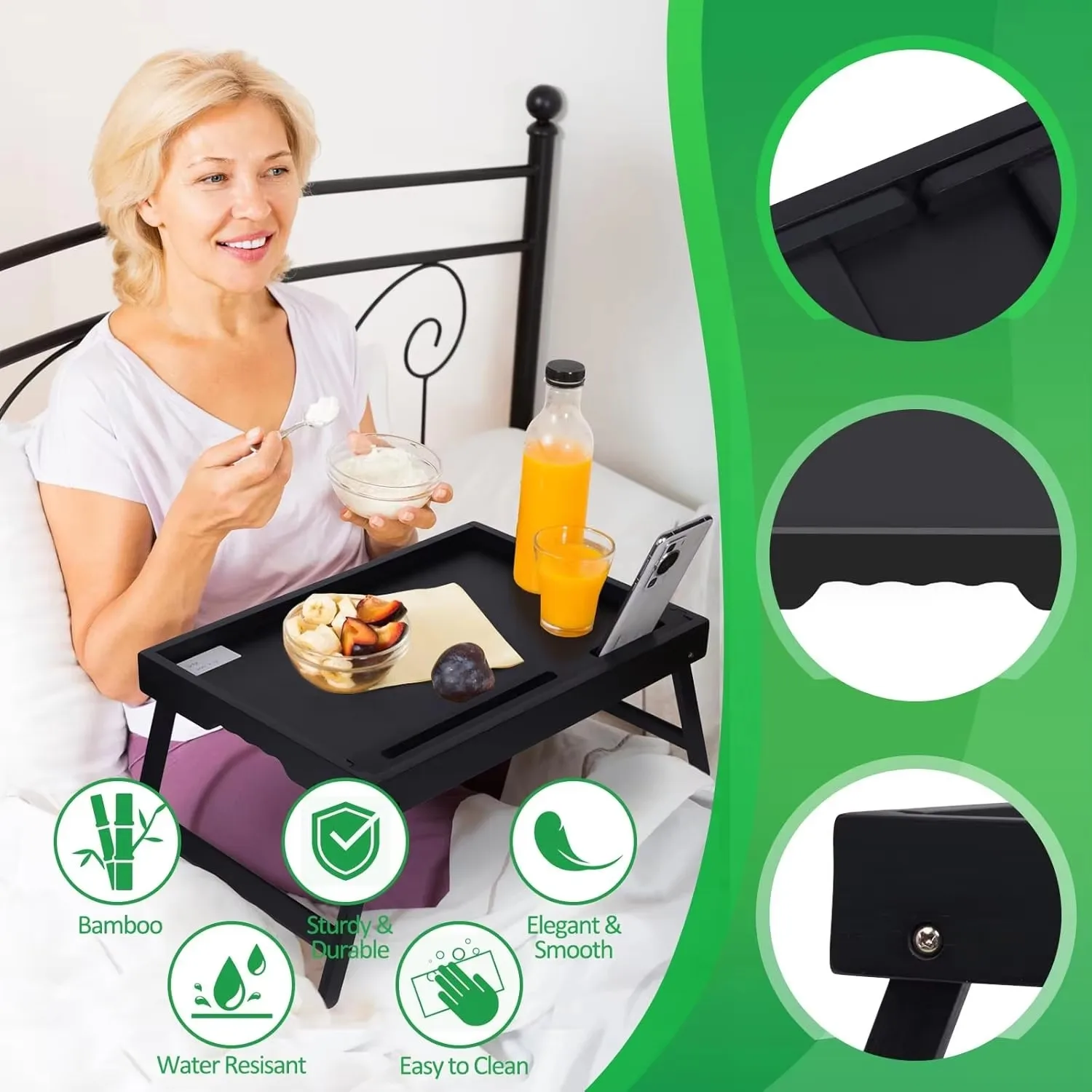 product bed tray table with handles folding legs bamboo breakfast food tray with media slot use as kitchen sofa serving-8
