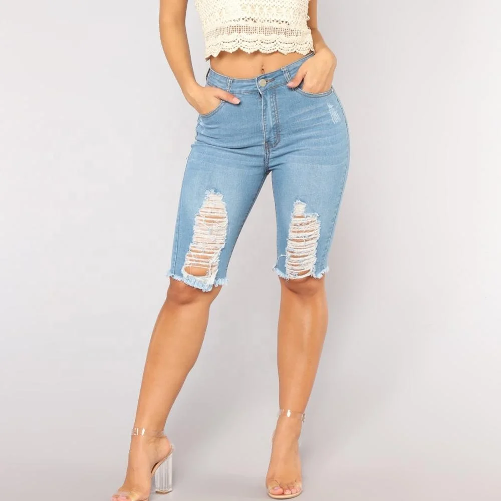 Light Blue Midi Denim Ripped Hole 