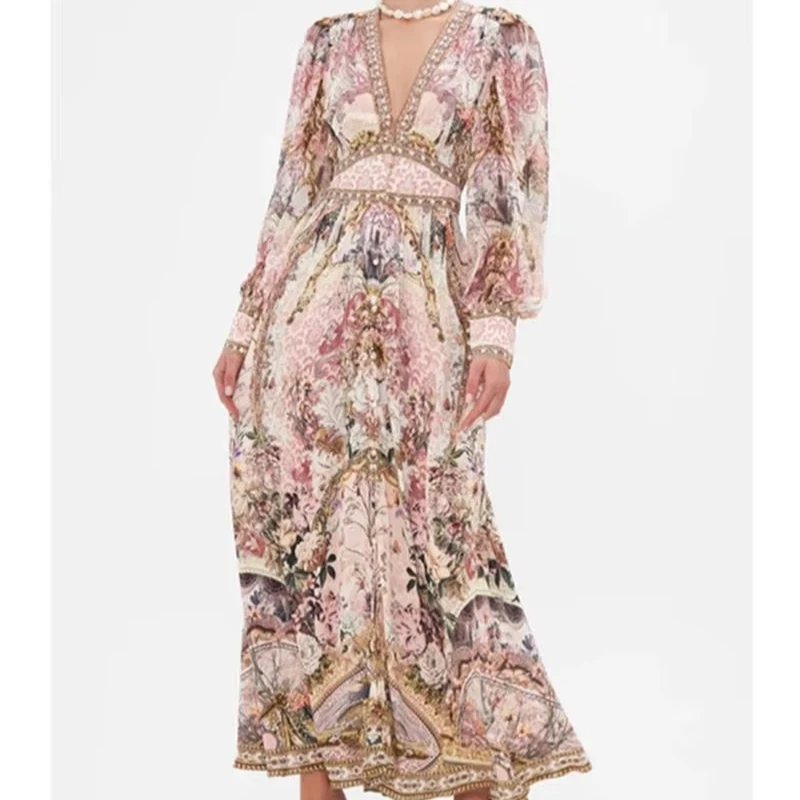 Niche Retro Goddess Fairy Printed V-neck Sexy Wide Hem Flowy Long Dress