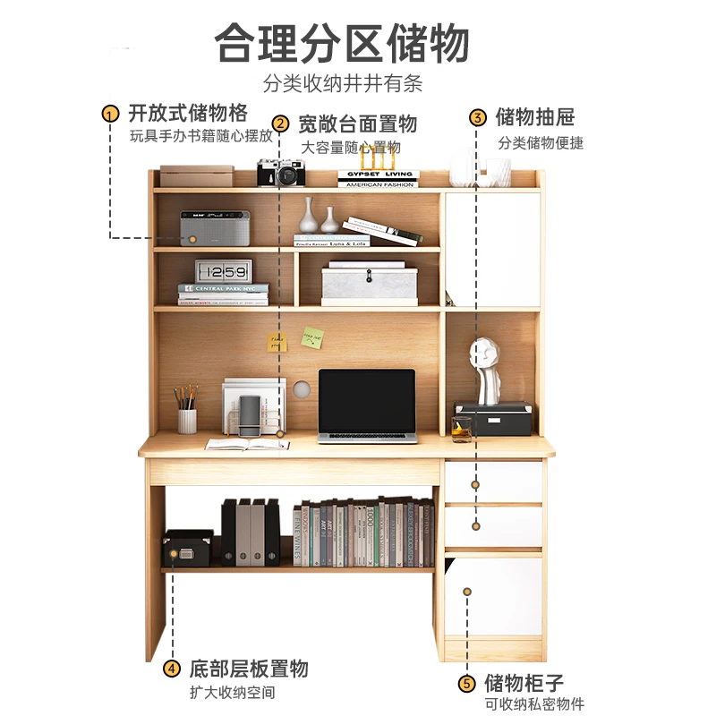 Modern Sturdy Wood Computer Desk Writing Desk Table with Bookshelves Drawers for Home Office