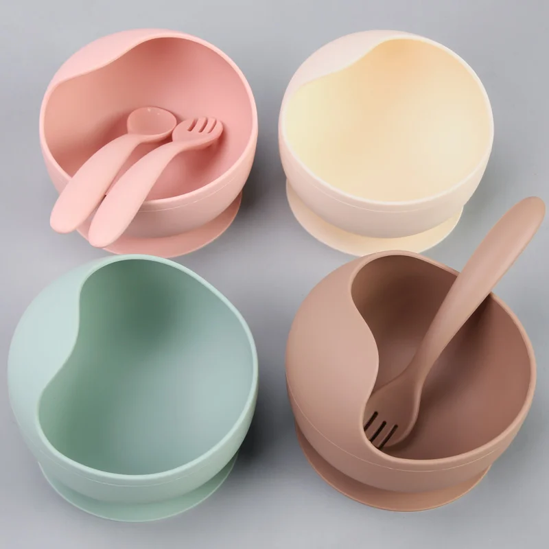 Wholesale Eco-friendly BPA Free Silicone Baby Bib Tableware Feeding Set Silicone Baby Plate Bowl With Spoon