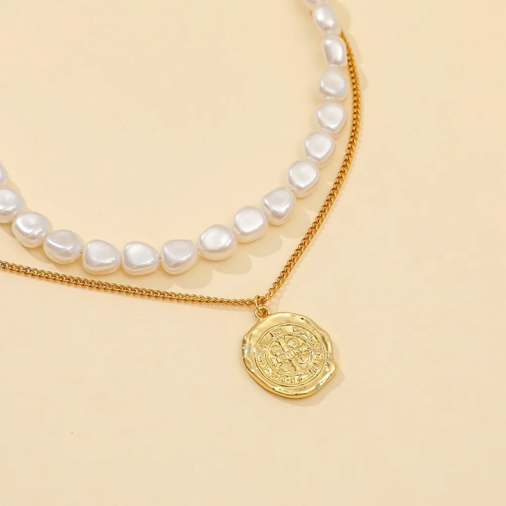 Simple irregular ancient coin pendant stainless steel chain gold plated pearl double layer necklace