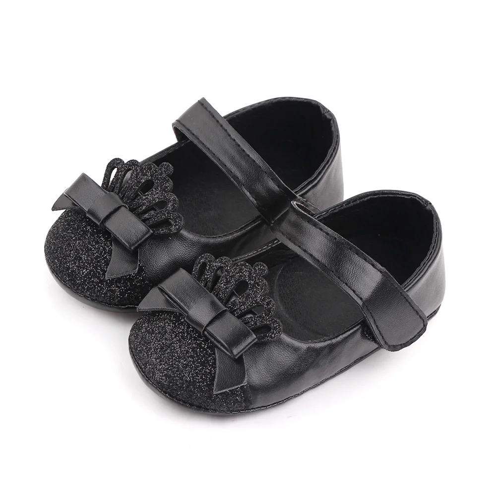 Shiny Solid Color Glitter Crown Bow Decorated Infants Princess Shoes for Baby Girls details