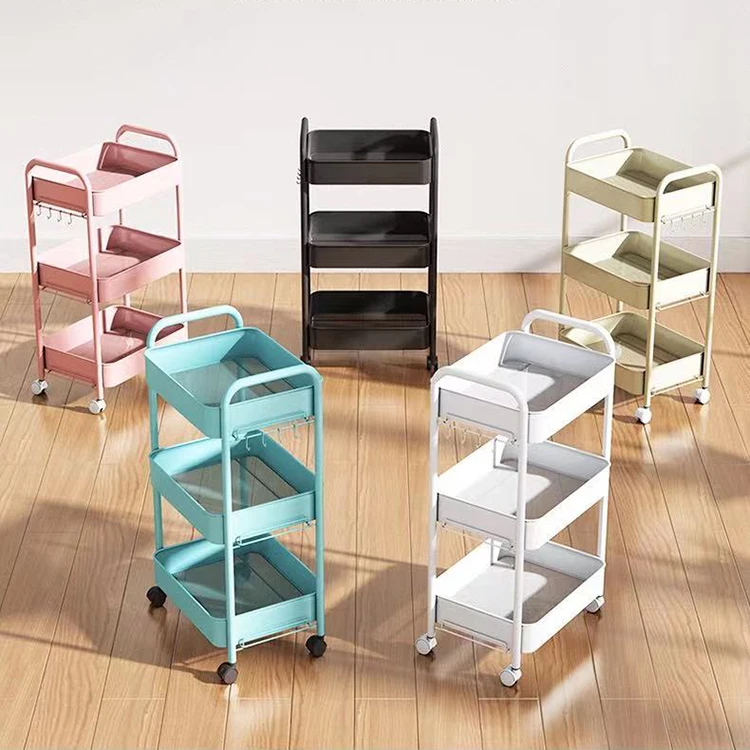 Practical 3 layers trolley metal color storage rack hotel room service trolley household bathroom kitchen trolley pulley