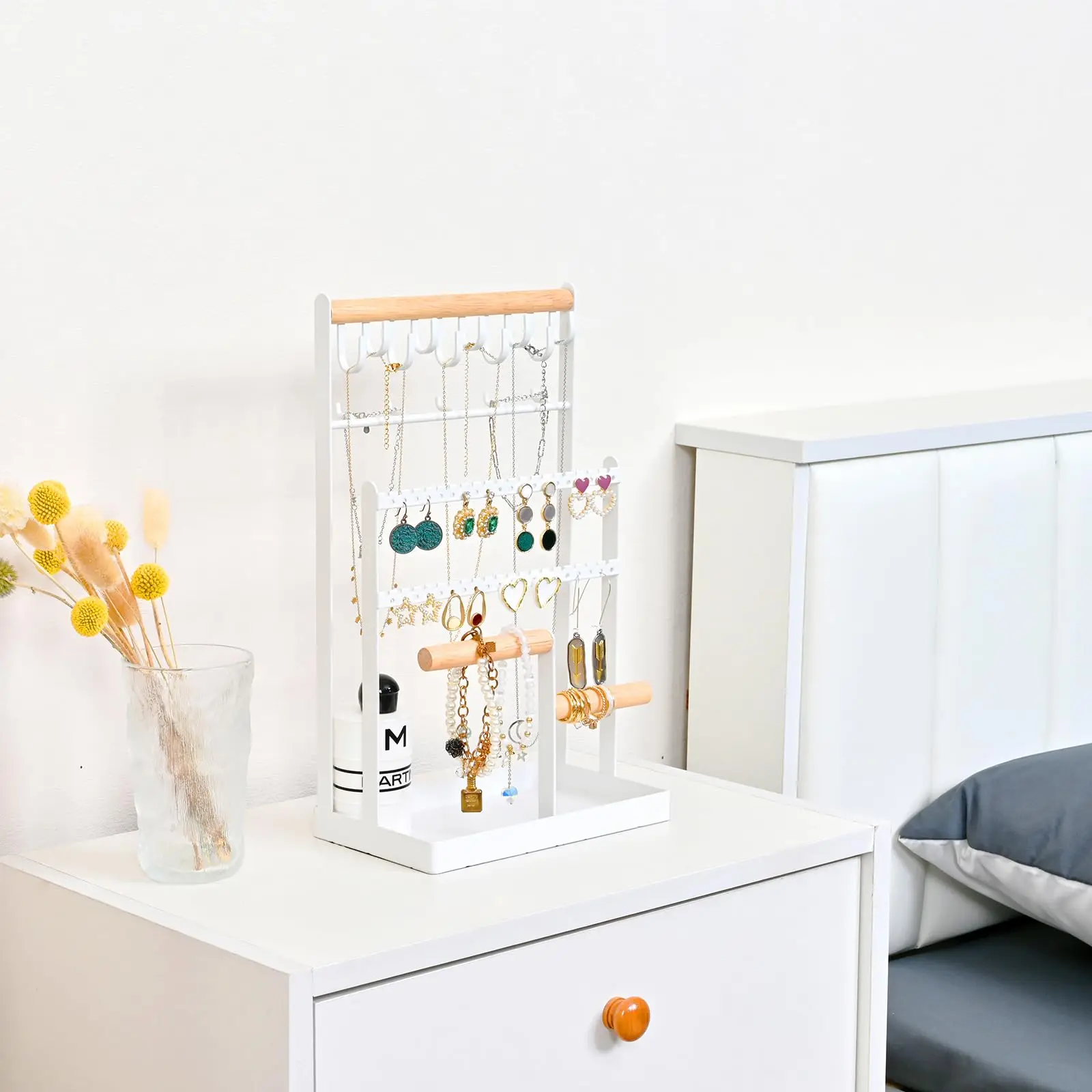 Jewelry Holder Organizer Necklace Stand  Jewelry Rack Necklace Holder with 15 Hooks and Bottom Tray