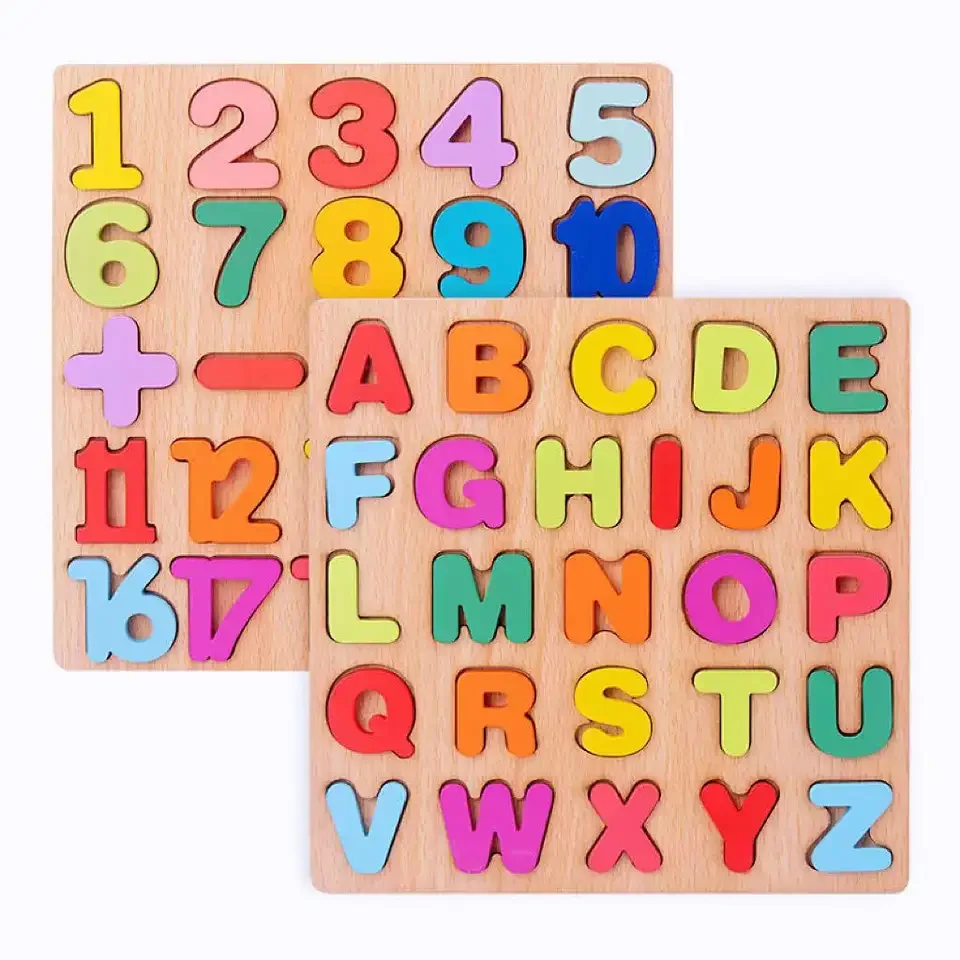 Holz 3D Puzzle Alphabet Nummer Matching Englisch Kognitive Hand Greifen Bord Montessori Frühen Pädagogischen Spielzeug Für Kinder Lieferant