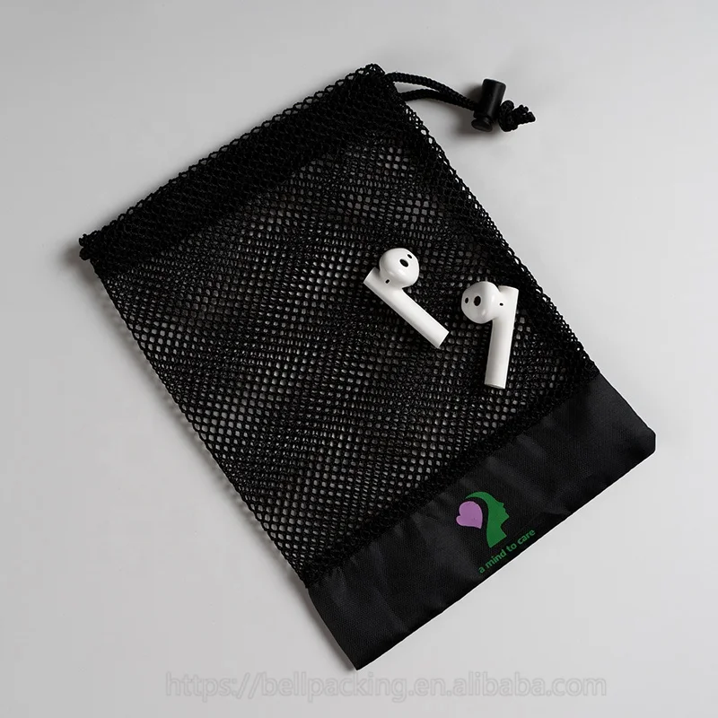 Custom Logo Printed Polyester Mesh Drawstring Bag Transparent Mesh Gift Packaging Bag