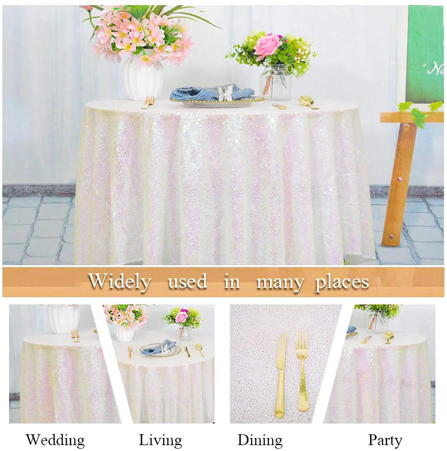 Best Sale Sparkling Iridescent White Sequin Tablecloth for Wedding Event