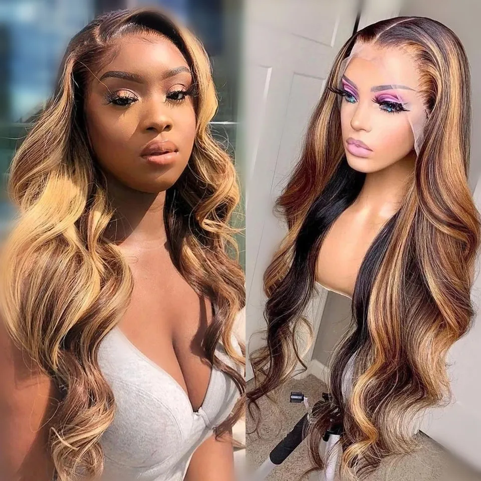 Highlight Human Hair 13x4 Body Wave Lace Front Wig with Highlight Ombre Blonde Lace Front Wig Human Hair 4x4 Wig For Black Women