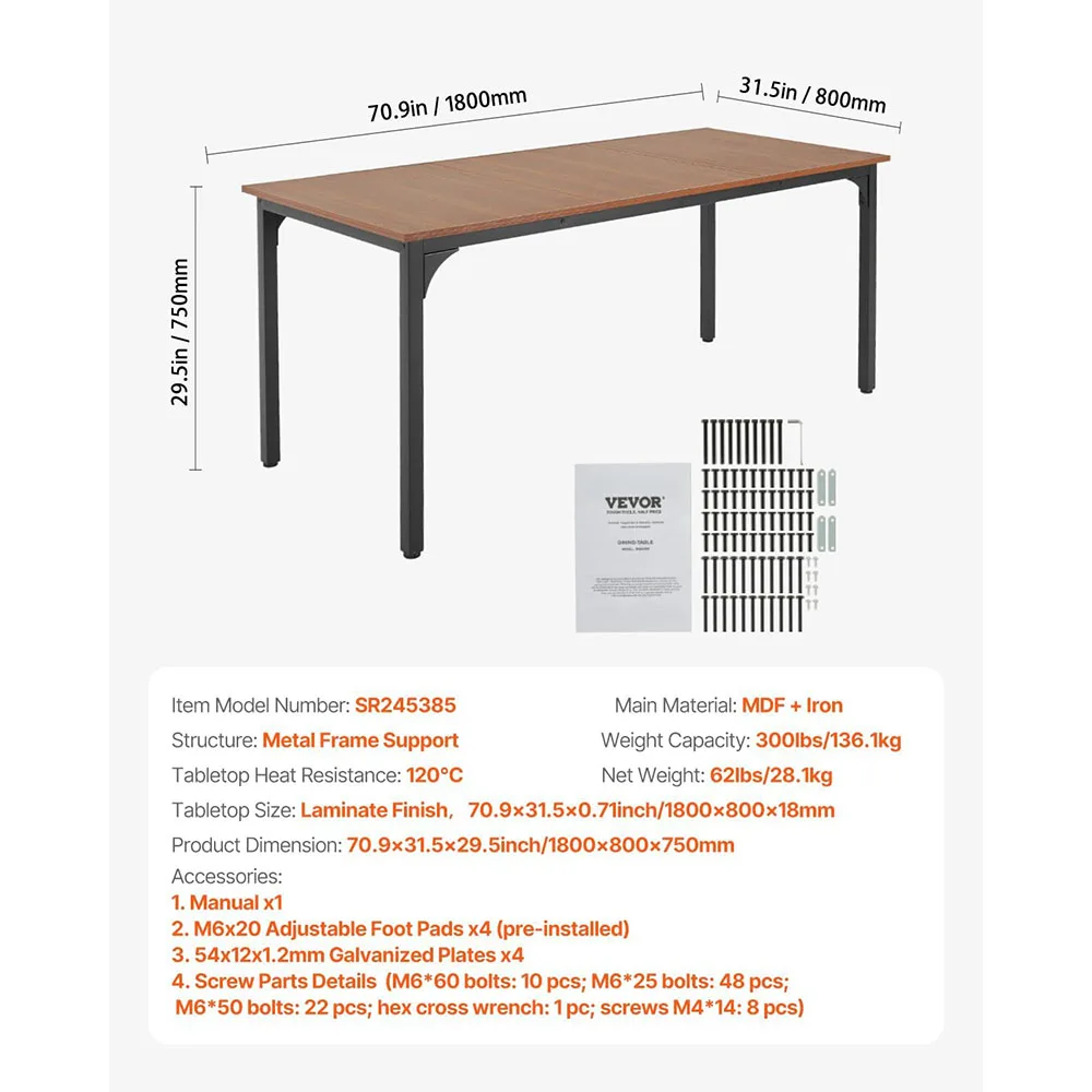 Modern Rustic Rectangle Dining Table Wood & Metal Construction Iron Legs 6-8 Person Durable Home Dining Furniture manufacture