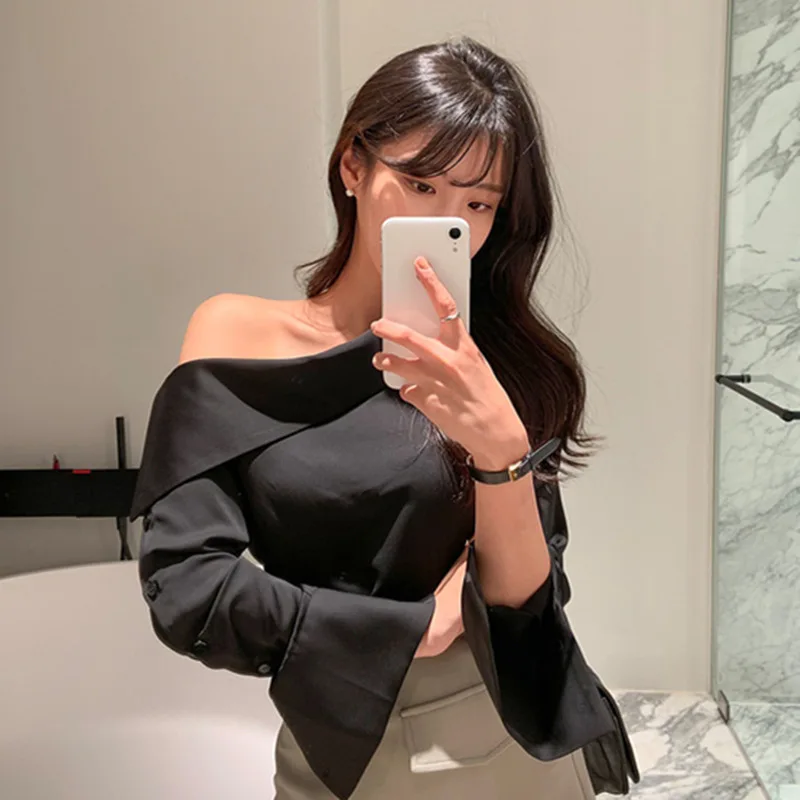 Women's Tops Korean Chic Elegant Oblique Off Shoulder Loose Blouse All-Match Side Button Long Sleeve Solid Color Shirt