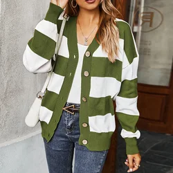 Wholesale High Quality 2021 Women Fall Clothes Casual Oversize  V Neck Knit Stripe Cardigan Coat Autumn Women Sweater Tops